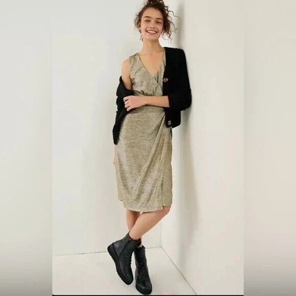 NWOT Anthropologie Kari Metallic Gold Cocktail Midi Faux Wrap Dress | Size Small - Picture 1 of 12